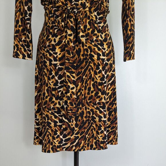 Normal Kamali Wrap Dress M Brown Short Leopard Animal Print Work Career Sleeve - Picture 6 of 12
